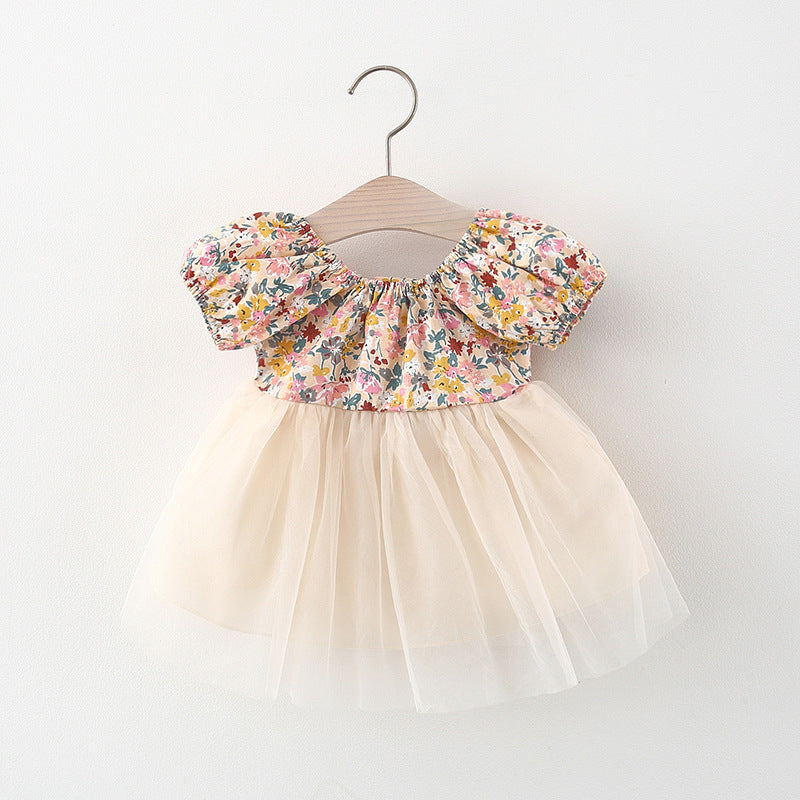 Little Girls Cotton Floral puff sleeves back tie Ivory chiffon lined tutu dress - kids clothing
