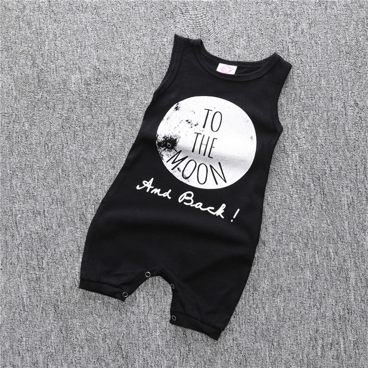 Cotton sleeveless Baby Cropped leg Edgy unisex "To the Moon and Back" baby Romper in Black