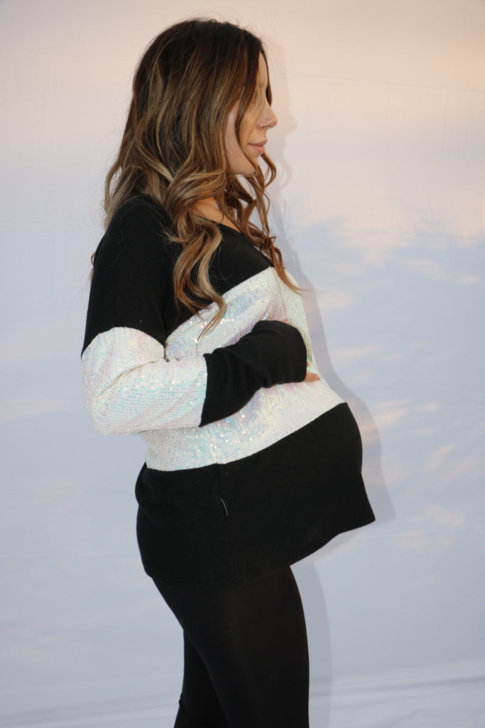 Women's black long sleeve soft v neck maternity & post natal top with sequins
