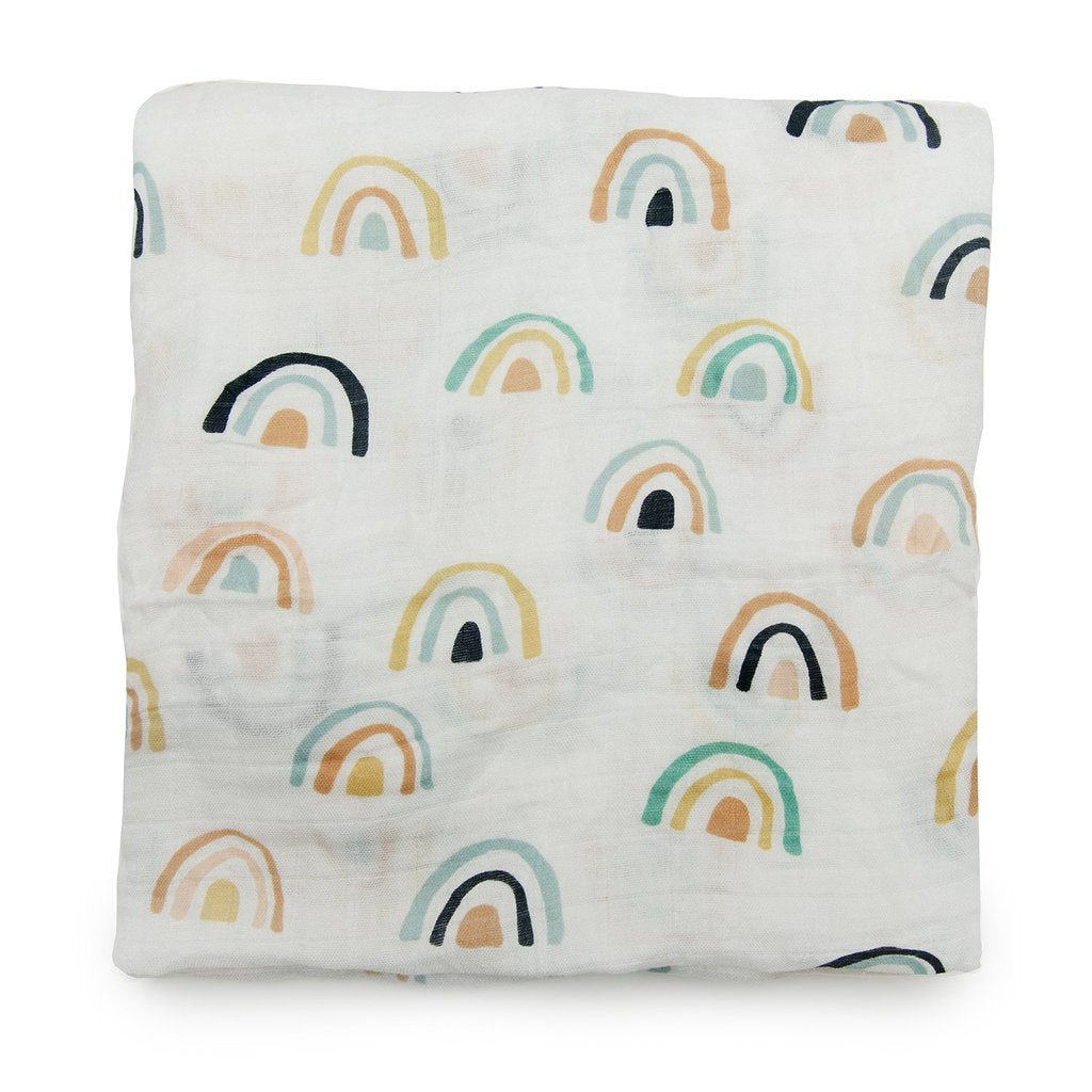 Baby's Loulou lollipop muslin swaddle blanket - white with neutral and navy rainbows