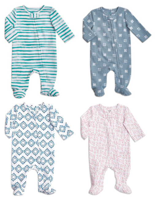 Aden and Anais Baby footed stretch cotton muslin Pajama - In turquoise stripe, faded navy blue X's, blue diamond print or pink small floral vine print