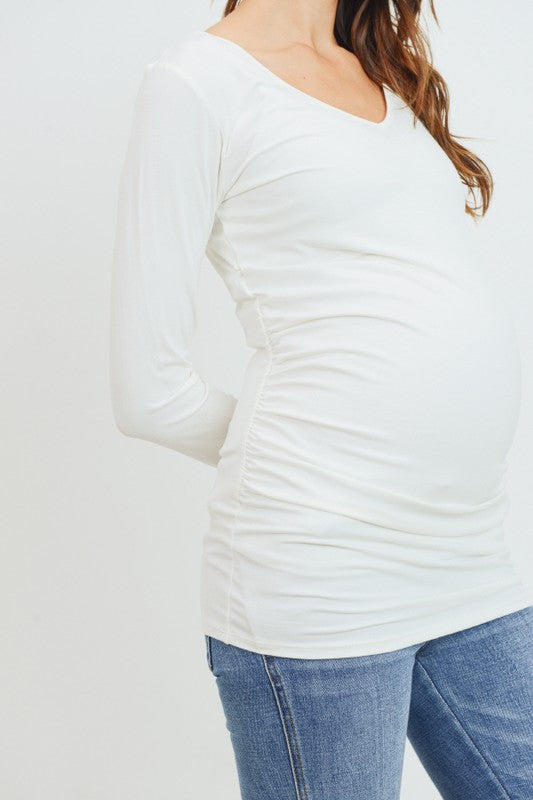 Women's White Basic V neck long sleeve soft maternity top