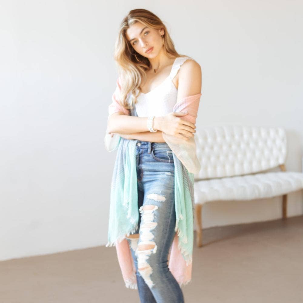 Women's blush and turquoise ombre Print Kimono chawl sweater - O/S
