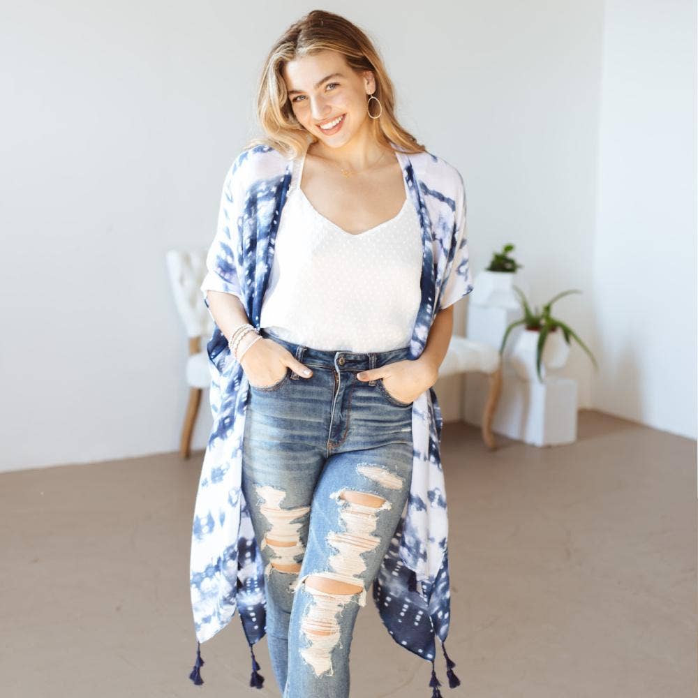 Women's white and navy blue tie dye print tassel Kimono sweater - O/S