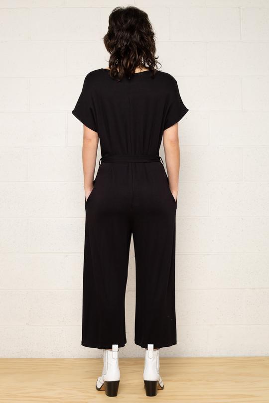 Women's black kimono sleeve plus size cropped leg maternity & post natal jumpsuit with tie belt