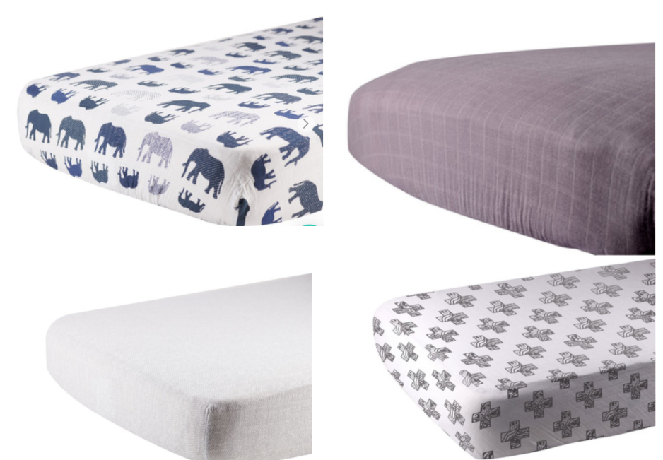 Baby's Natural cotton muslin crib sheet in white with blue and grey elephants, dark grey, herringbone light grey or white and black crosses