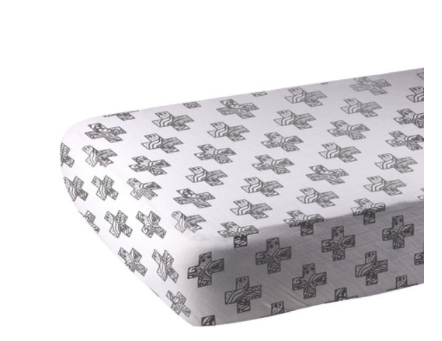 Baby's Natural cotton muslin crib sheet in white with blue and grey elephants, dark grey, herringbone light grey or white and black crosses