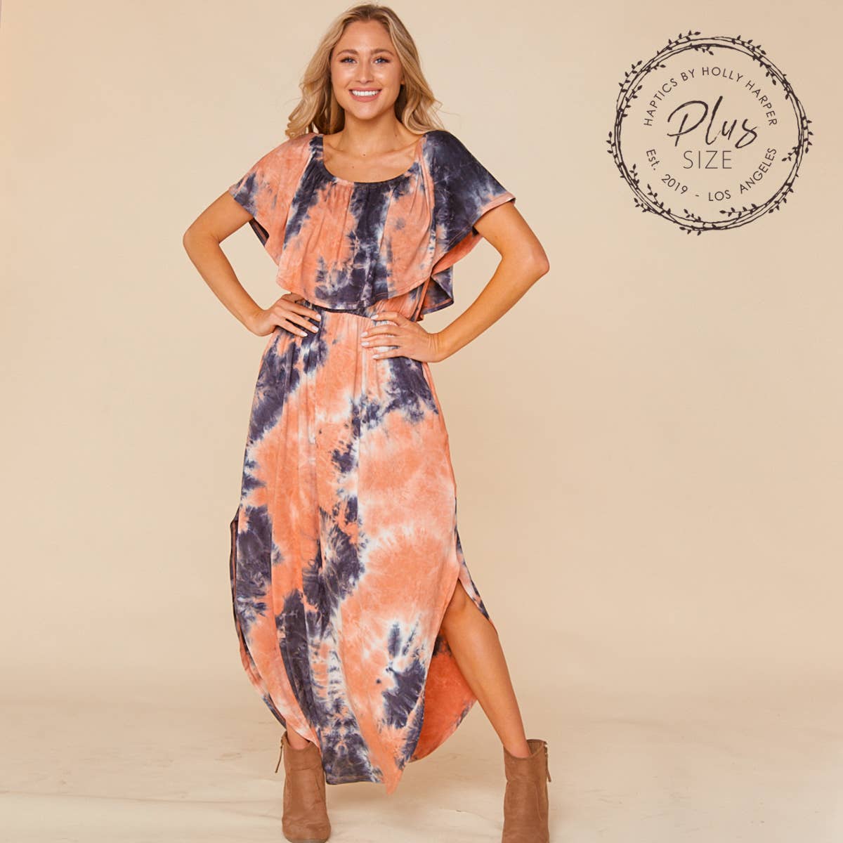 Women's Plus size off the shoulder Navy/ Coral tie dye flowy maxi dress