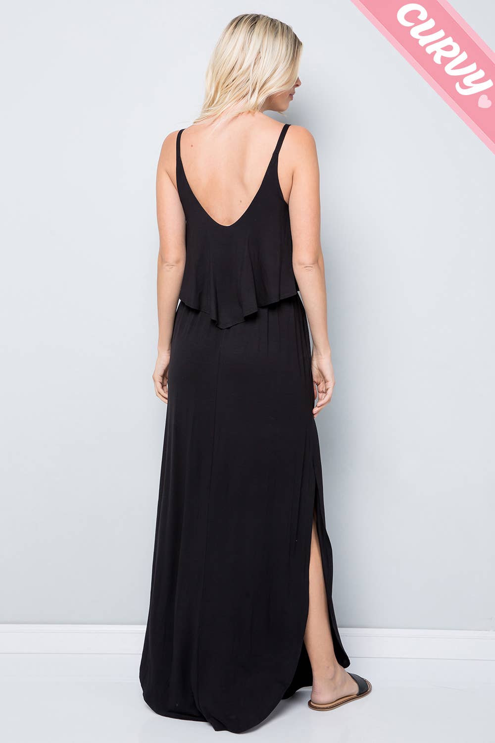 Women's black plus size ruffled draped cami maxi dress with side slits