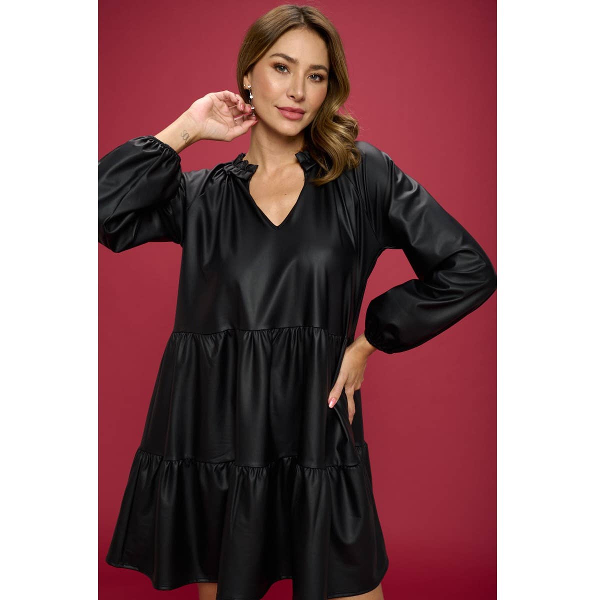 Women's maternity & Post natal tiered black faux leather dress