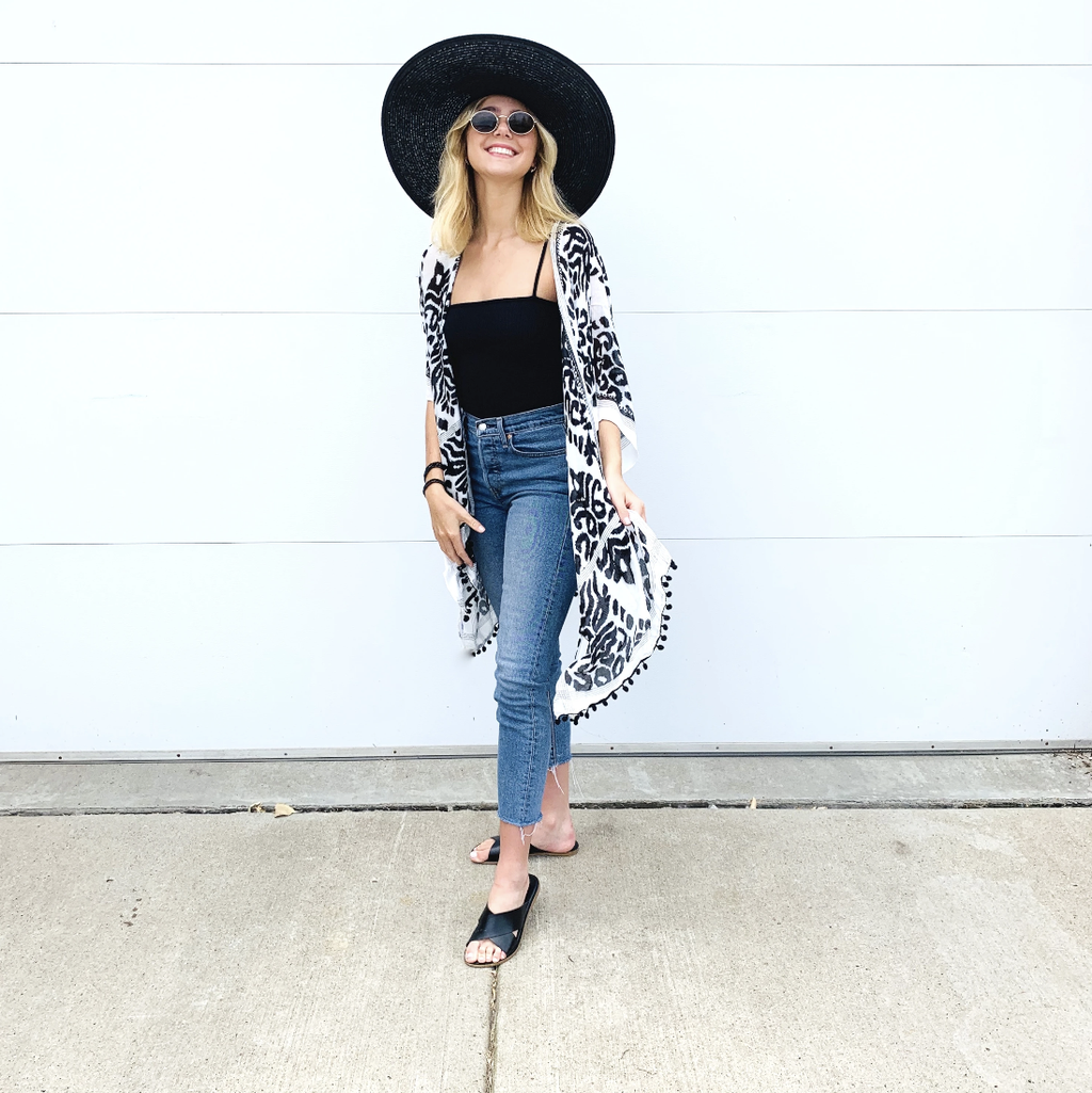 Women's Black and White Kilim Print tassel Kimono top - O/S