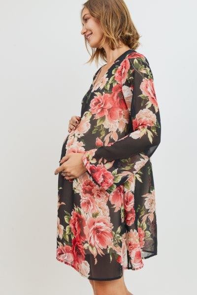 Women's Bell sleeve V neck maternity & Post natal dark floral swing dress
