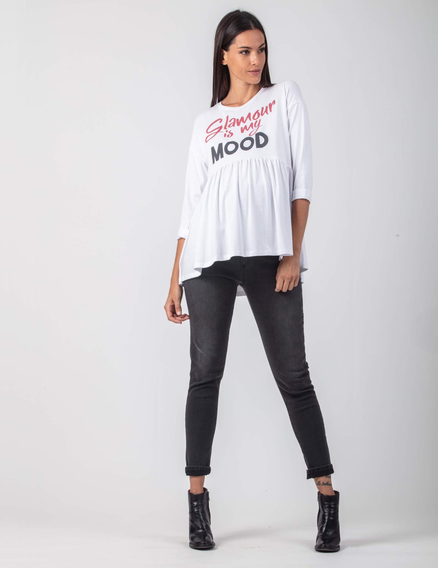 Women's cotton White Crop sleeve maternity & postnatal "Glamour is my Mood" empire waist top