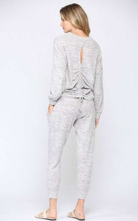 Women's heathered long sleeve top and tapered ankle pant Lounge set with back ruching - in light Grey or Blush Pink