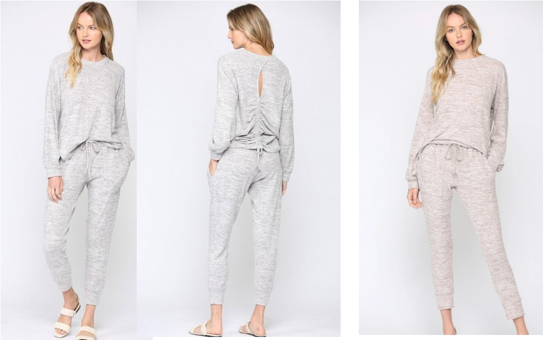 Women's heathered long sleeve top and tapered ankle pant Lounge set with back ruching - in light Grey or Blush Pink