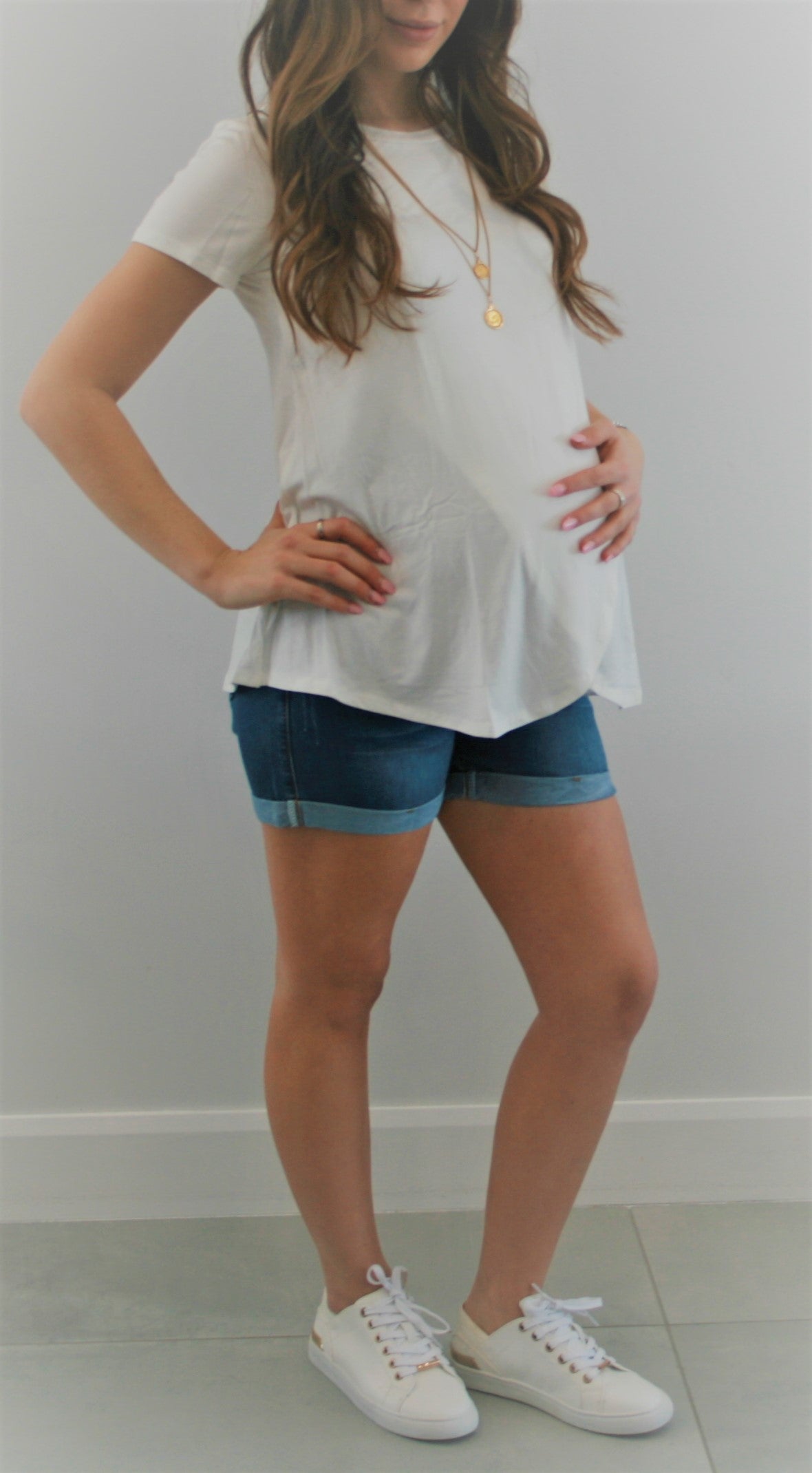 Women's Cuffed Over the bump maternity blue denim shorts