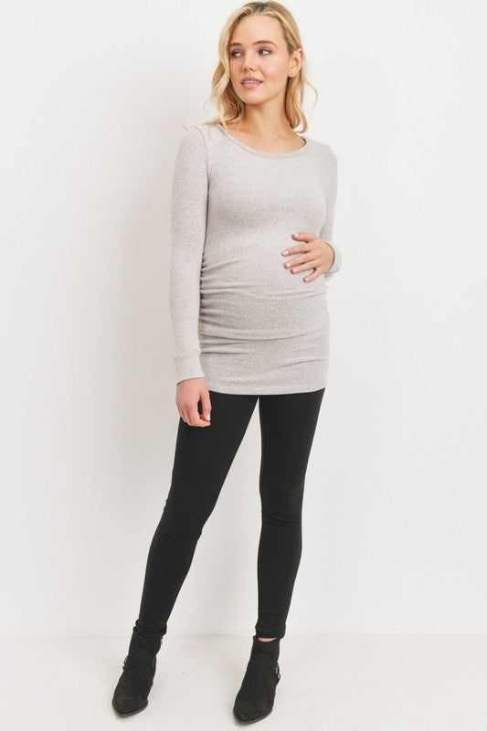 Women's round neck long sleeve rayon maternity & post natal top with side ruching in light pink or light grey
