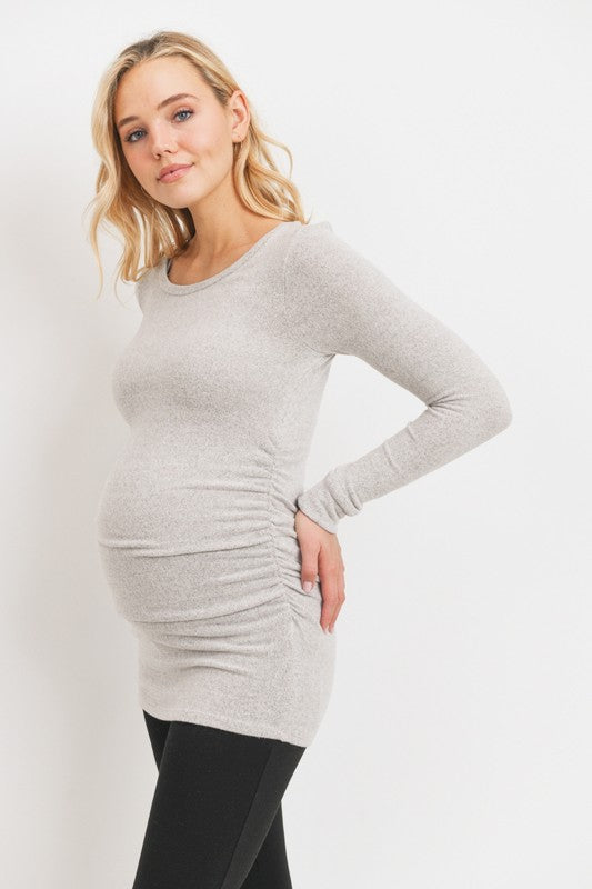 Women's round neck long sleeve rayon maternity & post natal top with side ruching in light pink or light grey