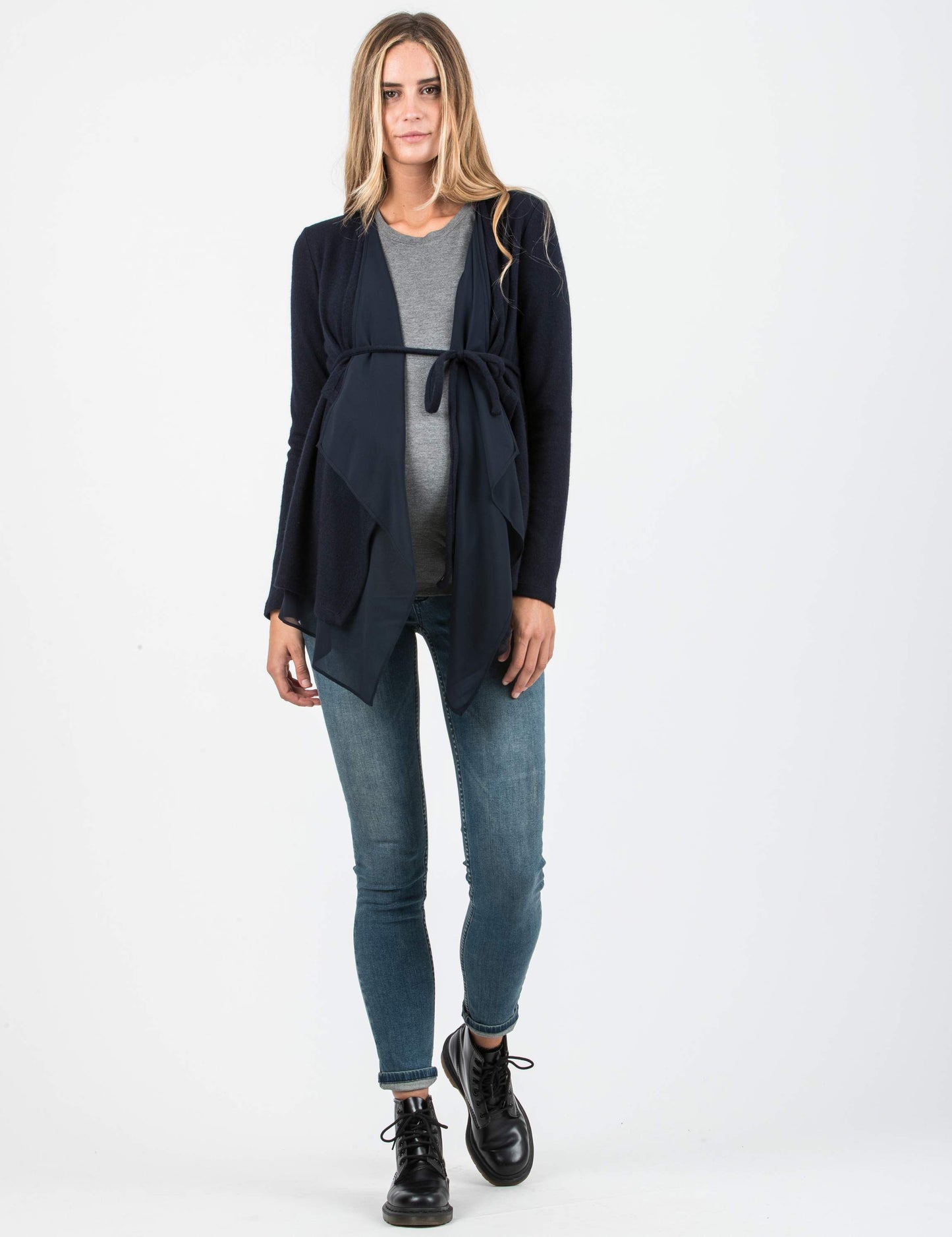 Women's Everyday maternity & post natal Navy Flowy cashmere cardigan with tie