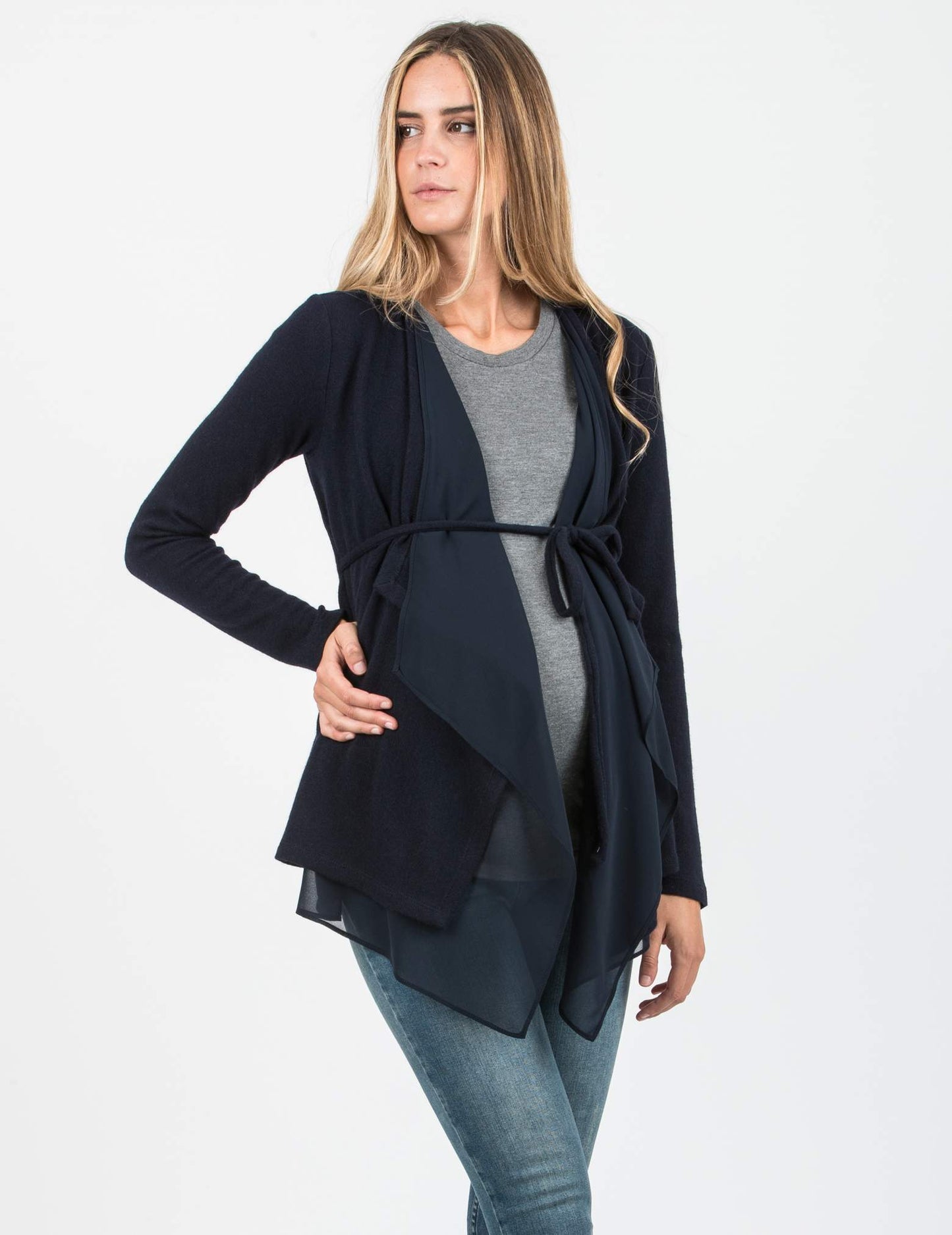 Women's Everyday maternity & post natal Navy Flowy cashmere cardigan with tie