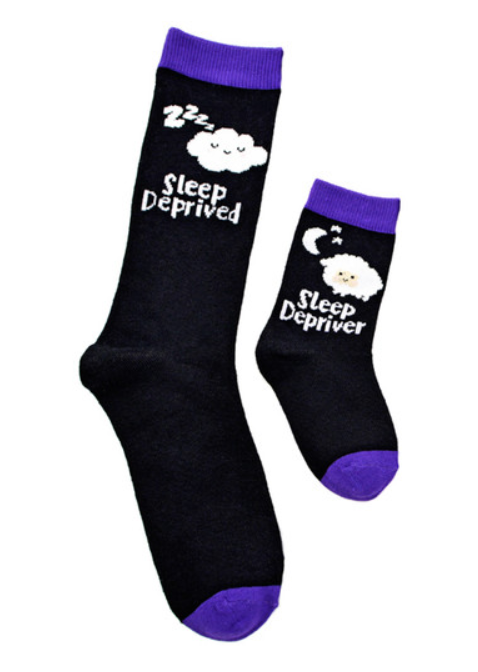Women's and girls or boys "Mommy and me" socks - 1 pair for mom and 1 pair for kiddo - red and white "best friends", black "sleep deprived, sleep depriver", Pink "snack time donuts"