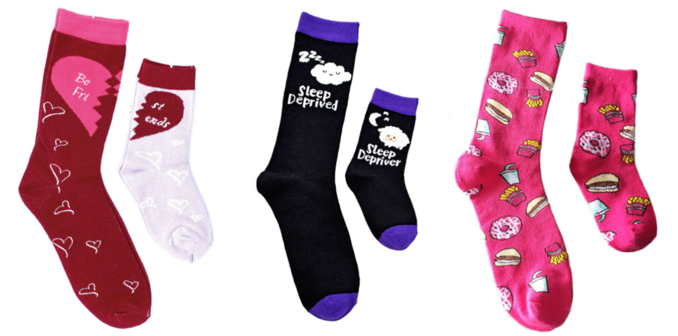 Women's and girls or boys "Mommy and me" socks - 1 pair for mom and 1 pair for kiddo - red and white "best friends", black "sleep deprived, sleep depriver", Pink "snack time donuts"