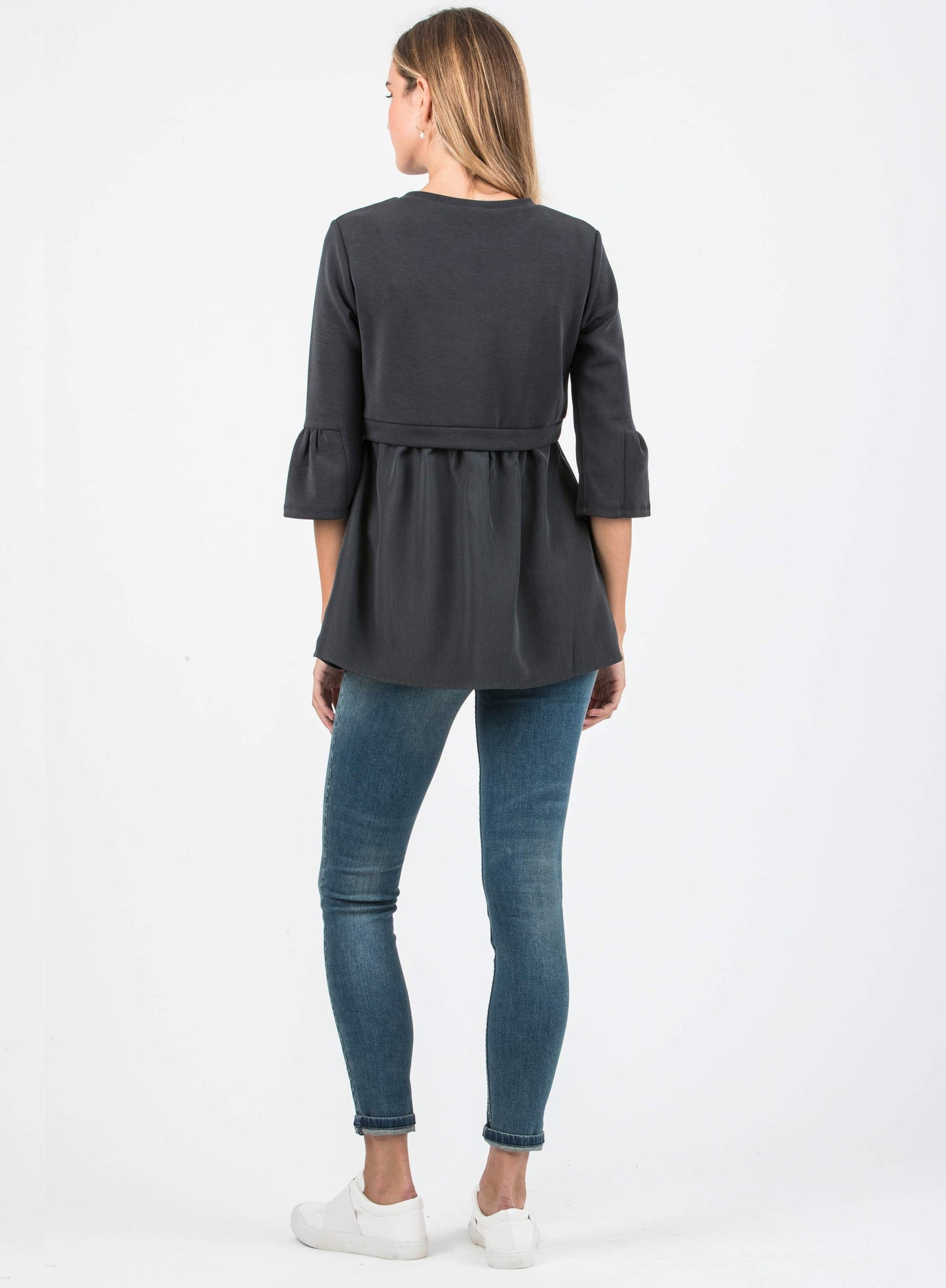 Women's black satin maternity & nursing bell sleeve top
