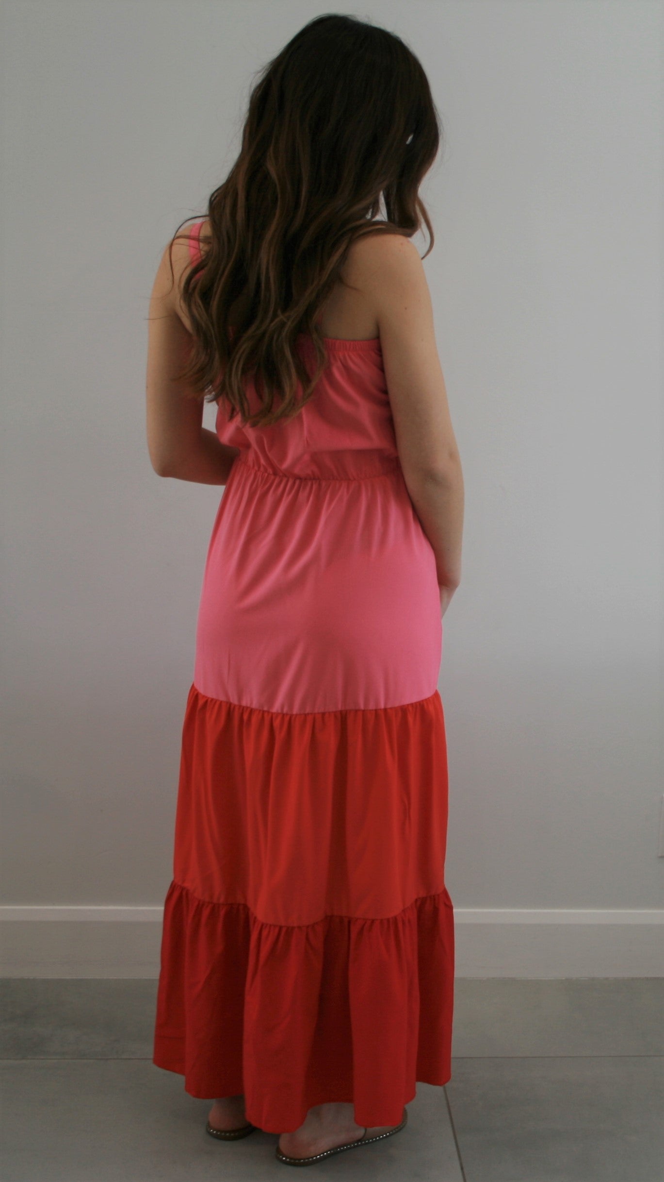 Women's Maternity & Post Natal Pink multi 3 teired cotton maxi dress