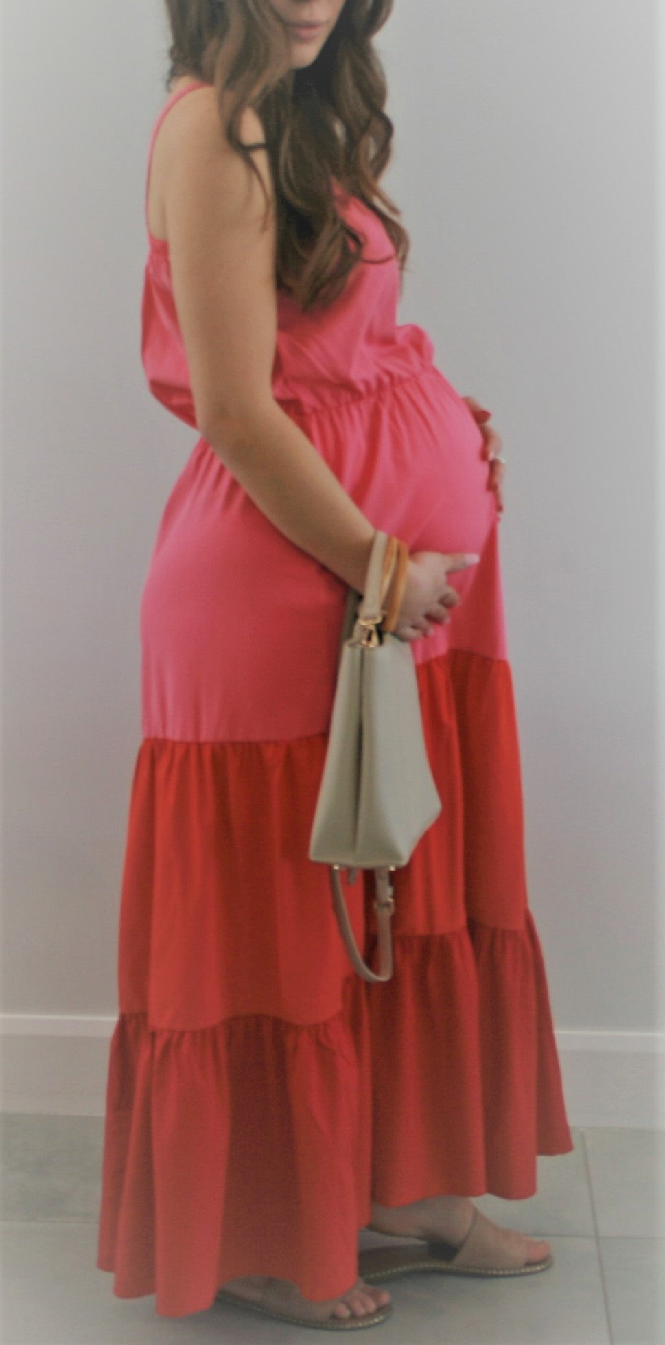 Women's Maternity & Post Natal Pink multi 3 teired cotton maxi dress