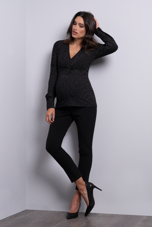 Women's Seraphine black polka dot twist long sleeve V neck maternity & post natal top