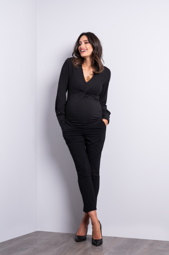 Women's Seraphine black polka dot twist long sleeve V neck maternity & post natal top