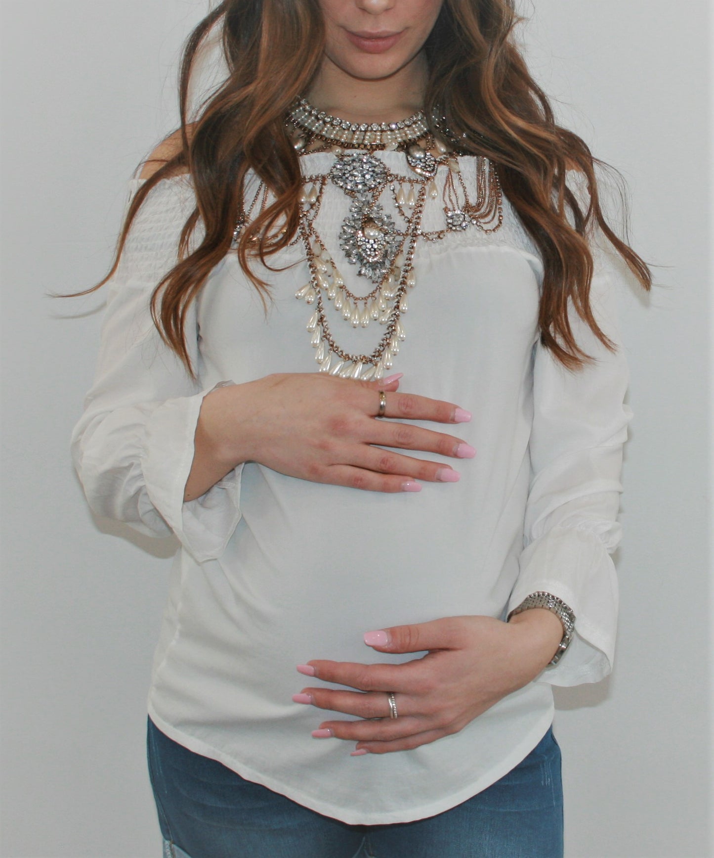 Women's White Off the shoulder long sleeve maternity & post natal top with back bow