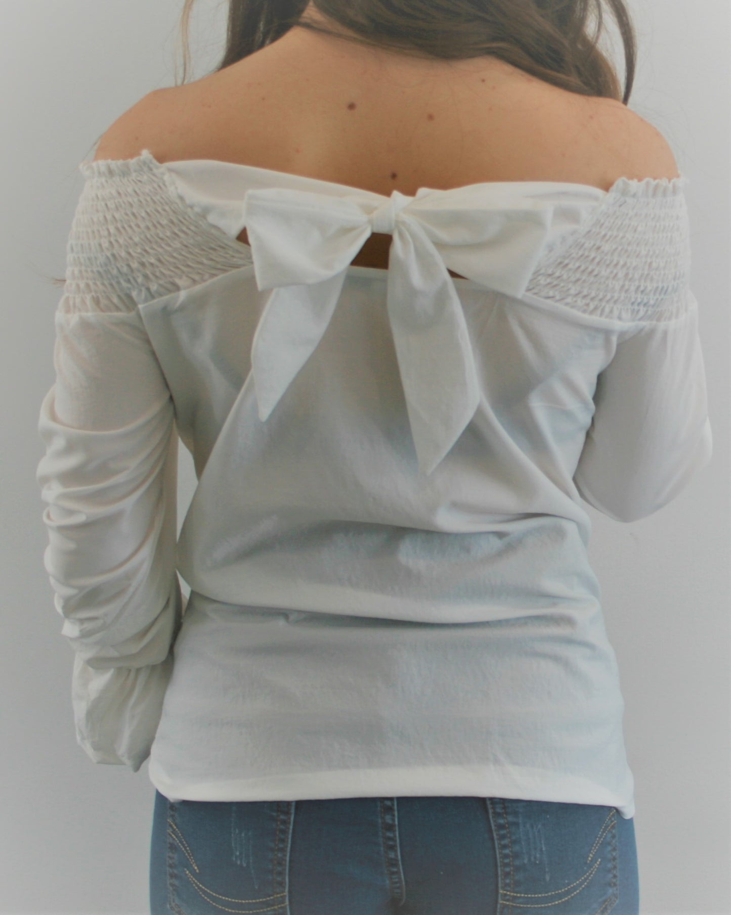 Women's White Off the shoulder long sleeve maternity & post natal top with back bow