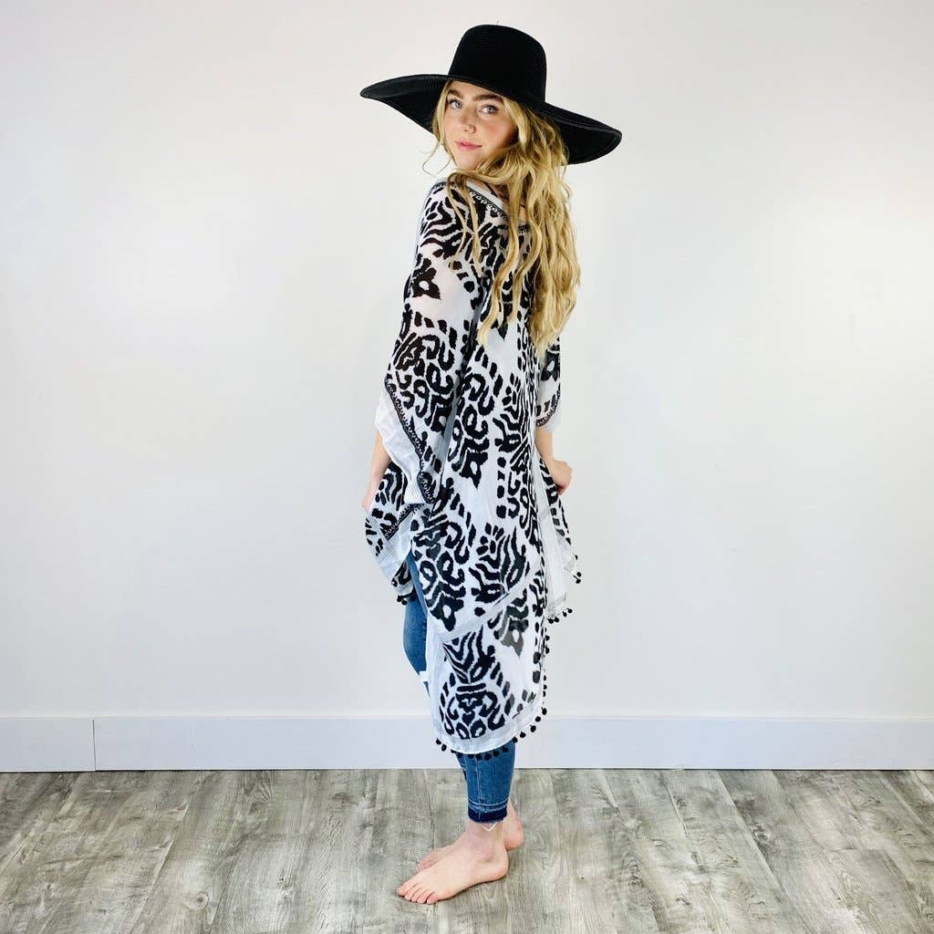 Women's Black and White Kilim Print tassel Kimono top - O/S
