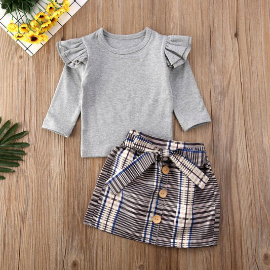Girls and Baby ruffle sleeve shirt and plaid skirt set