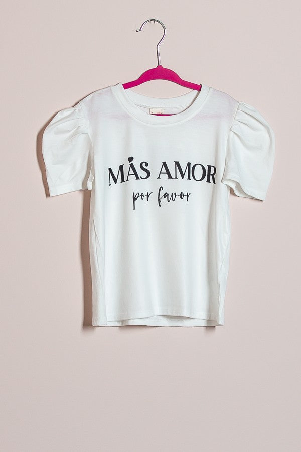 Girls white puff sleeve cotton "Mas Amor por favor" T-shirt and black linen shorts - Kids clothing