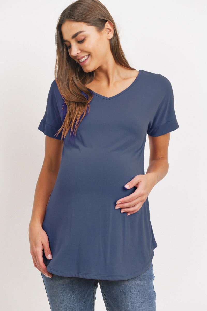 Women's Drop shoulder V neck and V back Navy Blue Maternity T-Shirt
