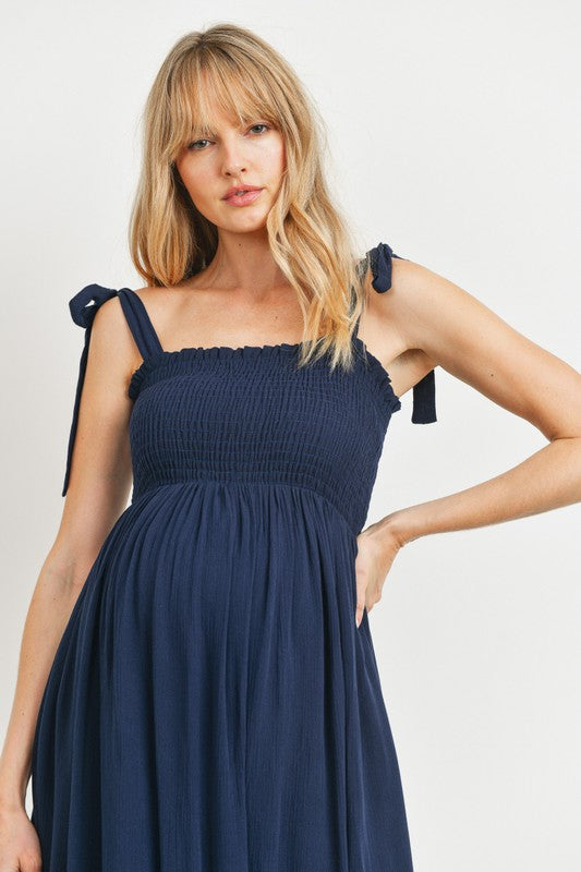 Women's navy blue rayon smocked maternity & post natal flowy midi dress with adjustable tie straps