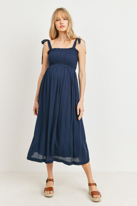 Women's navy blue rayon smocked maternity & post natal flowy midi dress with adjustable tie straps