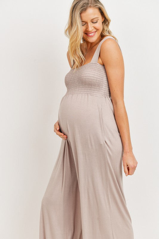 Women's taupe rayon square neck maternity & postnatal long jumpsuit with side pockets