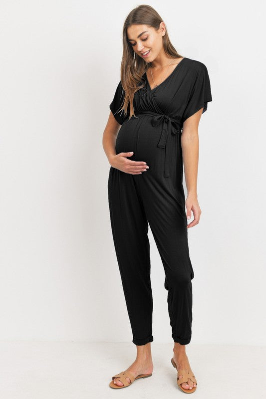Women's Black short Kimono Sleeve Maternity & Nursing cropped pant Jumpsuit