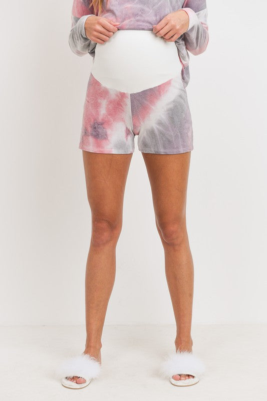 Women's long sleeve over the bump shorts pink & lavender Tie Dye Drop Shoulder lounge Set