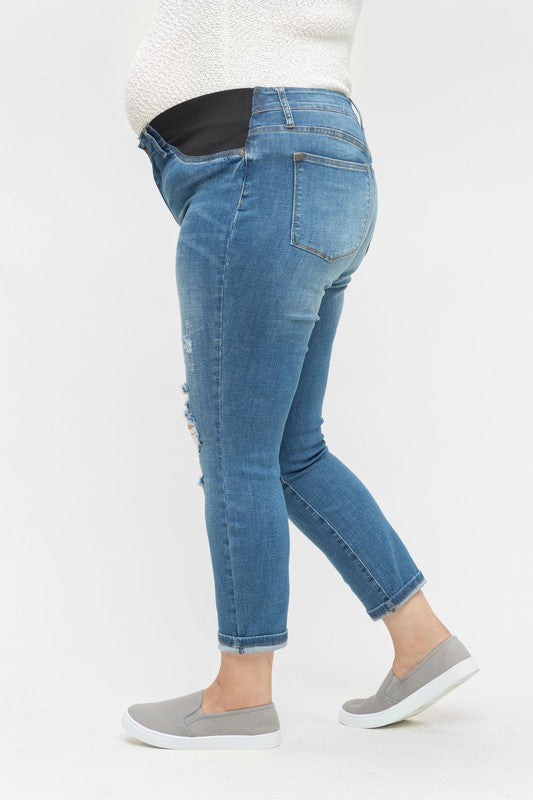 Women's distressed Denim Blue Plus Size under the bump slim leg cropped maternity jeans