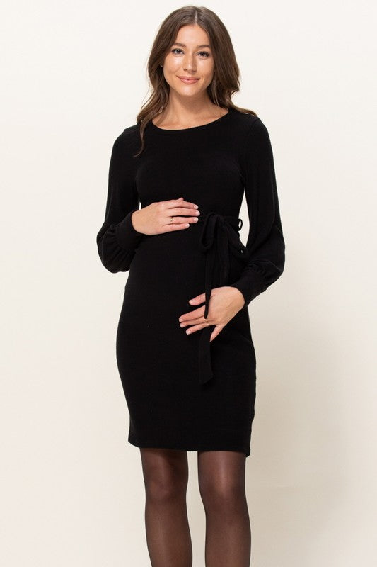 Women's Black Cashmere-Like Sweater Knit Waist Belt Maternity Dress