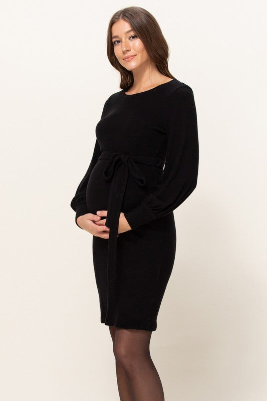 Women's Black Cashmere-Like Sweater Knit Waist Belt Maternity Dress
