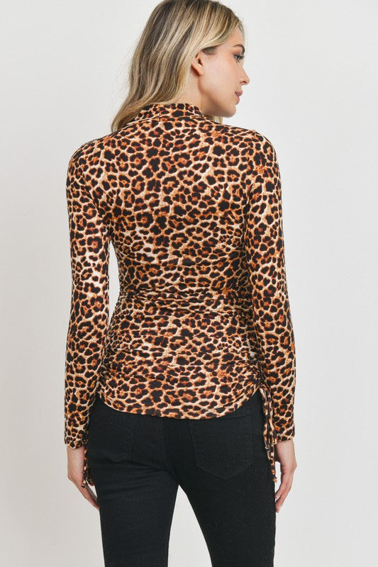 Women's leopard knit adjustable drawstring mock neck maternity top
