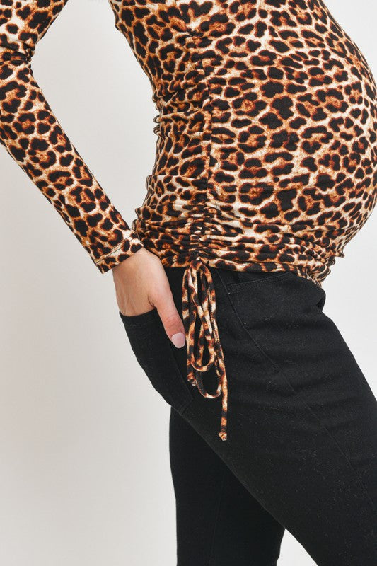 Women's leopard knit adjustable drawstring mock neck maternity top