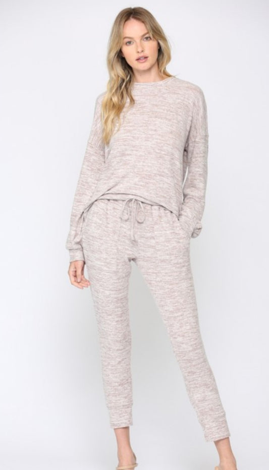 Women's heathered long sleeve top and tapered ankle pant Lounge set with back ruching - in light Grey or Blush Pink