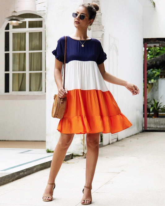 Wome's short sleeve flowy navy blue, white and orange color block maternity & post natal swing dress dress