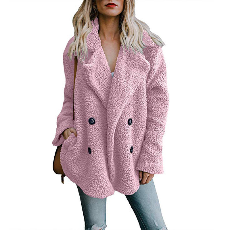 Women's plush button up coat with pockets
